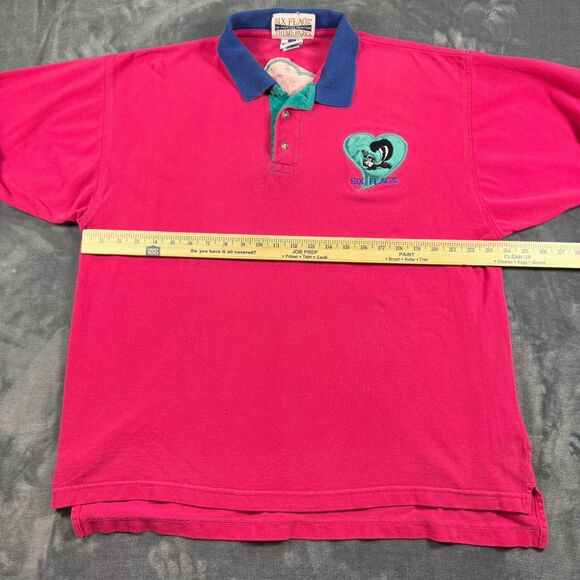 VTG 90s Six Flags Pepe Le Pew Embroidered Polo Shirt Men’s Fuchsia Teal Size L - Picture 9 of 10